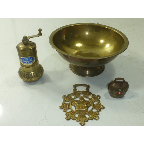 227 - Brass Bowl with Mixed selection including Cow Bell, Grinder and Horse brass