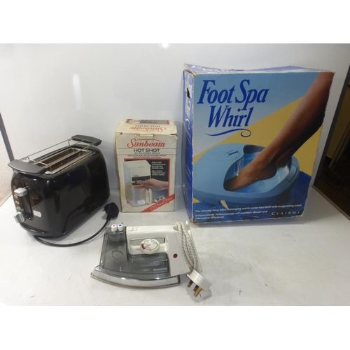 61 - Collection of Four Electrical Items to Include Iron, Toaster, Foot Spa and Sunbeam Hot Shot