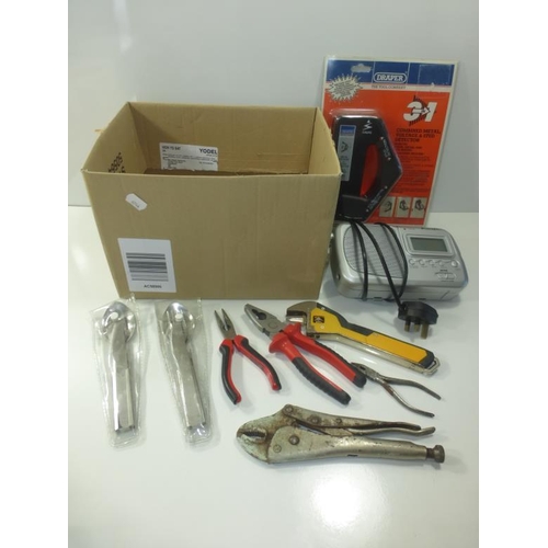 208 - A Box of Tools to include  A New Draper Combined Metal, Voltage and Stud Finder, Mole Grips, Point n... 