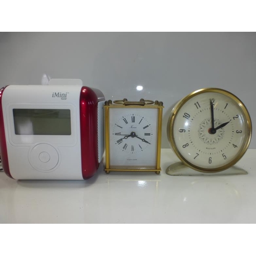 645 - Selection of 3 Clocks including iMini Clock Radio, Carriage Clock and Westclox