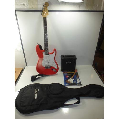 650 - A Cruiser by Crafter red Electric guitar with Crafter amplifier , carry case and guitar Playing book