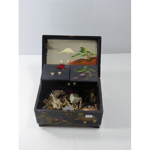 180 - Black Laqurered Hand Painted Oriental Jewellery Box complete with Selection of Contents