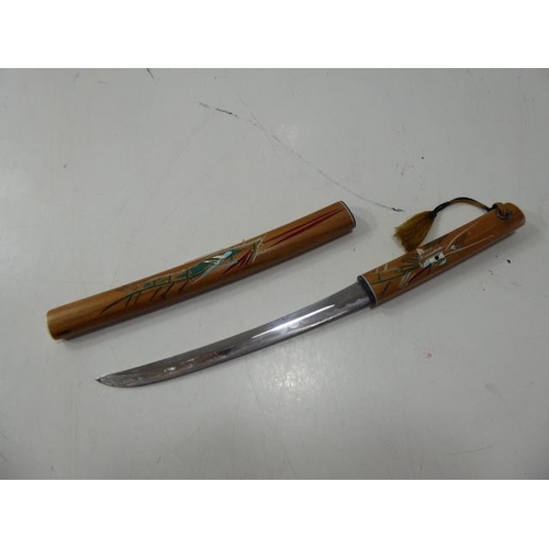 503 - Hand Caved Wooden Trinket Box and Oriental Paper Knife with Sheath