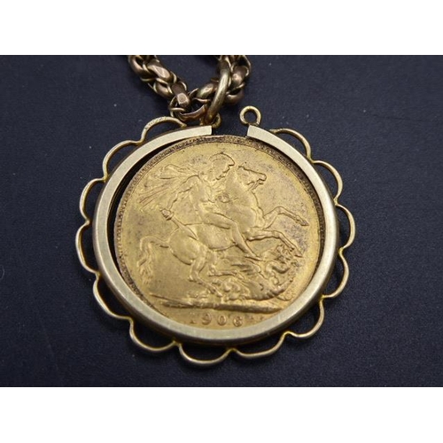 340 - Sovereign 1906 (Weight 7.98 grams) complete with Mount and Chain (Weight 12.97 grams)