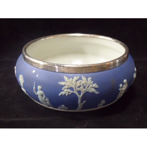 362 - Wedgwood Blue Jasper Ware Bowl with Silver Plated Rim (8