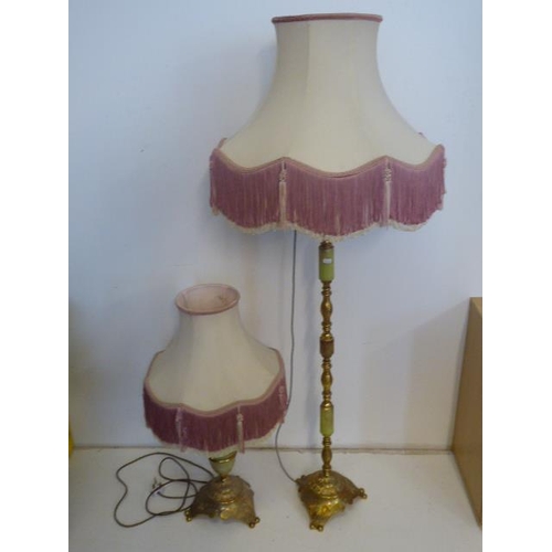 577 - Two  Vintage Brass and Marble Free Standing Table Lamps With Shades