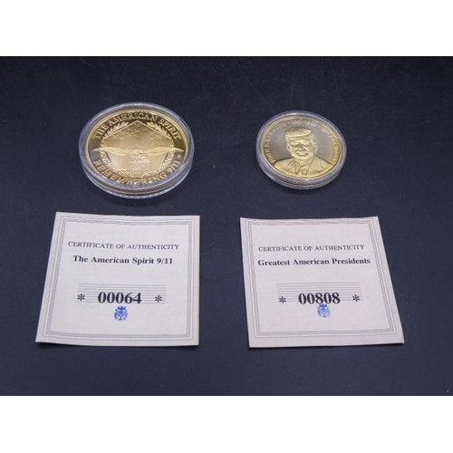 442 - Two Gold Plated American Proof Coins including John F Kennedy and Liberty complete with Certificates