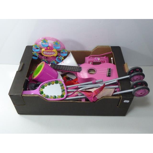 214 - Mixed Lot of Childrens Toys Including Guitar, Pushchairs, Squinkies and More
