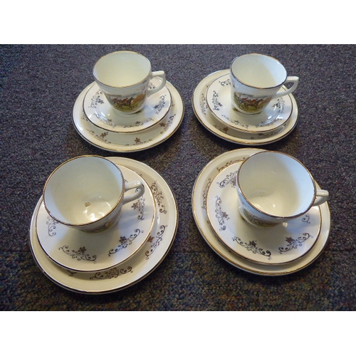 226 - Four Vintage Hunting Scene Cup,Saucer And Side Plate Set