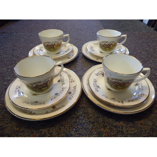 226 - Four Vintage Hunting Scene Cup,Saucer And Side Plate Set