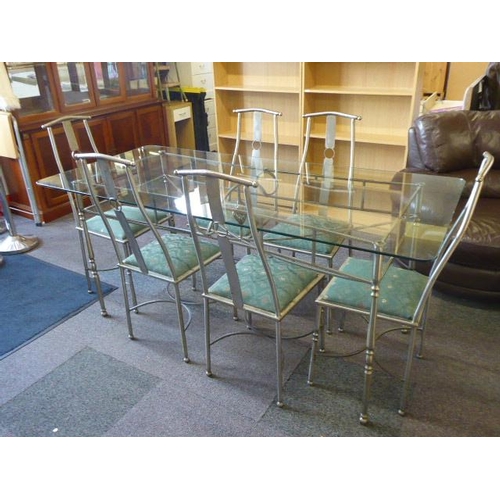 436 - Contemporary Wrought Iron Glass Topped Dinning Table with Six Matching Chairs (71