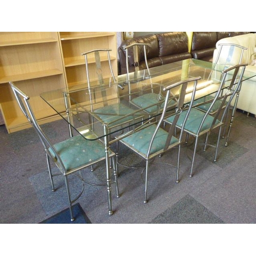 436 - Contemporary Wrought Iron Glass Topped Dinning Table with Six Matching Chairs (71