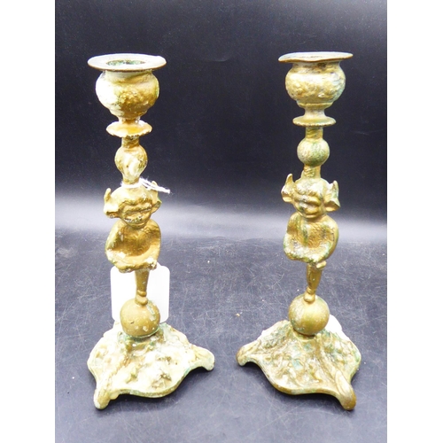 77 - Pair of Brass Goblin, Imp Pixie Candlesticks holders