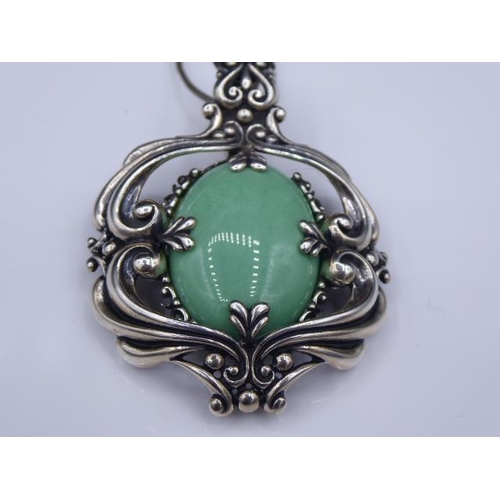 345 - Silver Pendant, Earrings and Ring set with (Possible) Jade stones