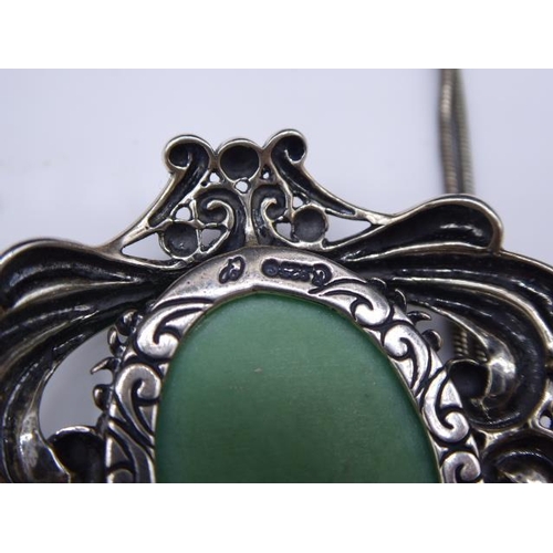 345 - Silver Pendant, Earrings and Ring set with (Possible) Jade stones