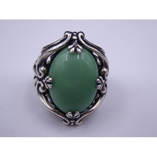 345 - Silver Pendant, Earrings and Ring set with (Possible) Jade stones