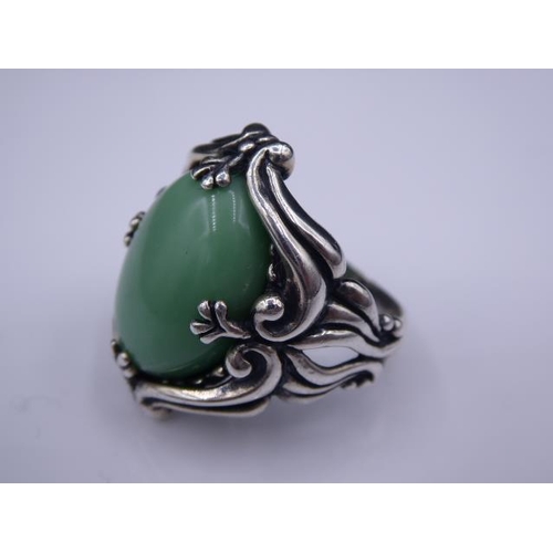 345 - Silver Pendant, Earrings and Ring set with (Possible) Jade stones
