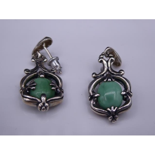 345 - Silver Pendant, Earrings and Ring set with (Possible) Jade stones