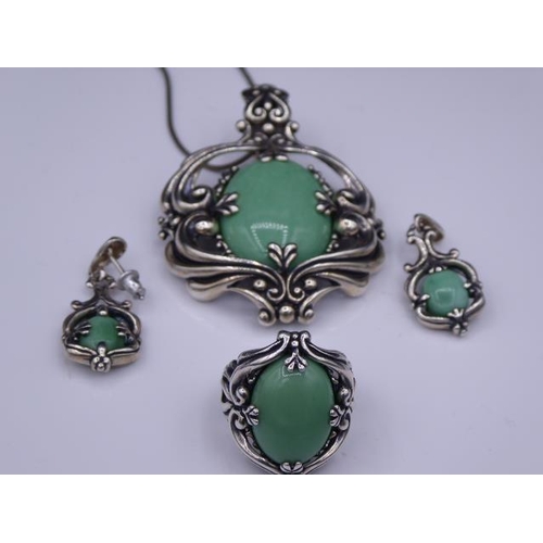 345 - Silver Pendant, Earrings and Ring set with (Possible) Jade stones