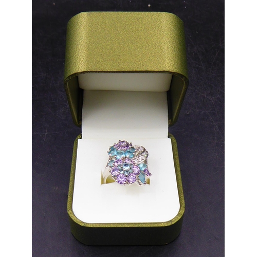357 - Large Silver Mixed Stone Dress Ring (Size O) in Presentation Box