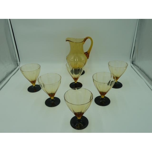 92 - Amber Glass Water Jug and Six Glasses