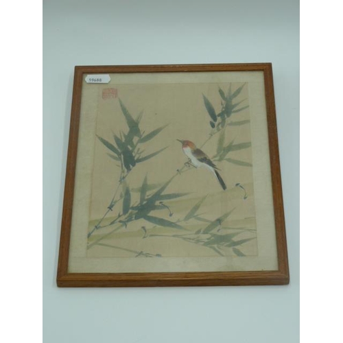 97 - A Pair of Oriental Ornithological Themed prints on silk Approx  A4 Sized