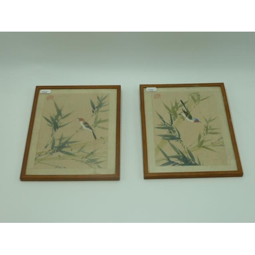 97 - A Pair of Oriental Ornithological Themed prints on silk Approx  A4 Sized