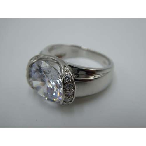 210 - Hallmarked Birmingham Silver 925 ring with Large clear stone in presentation box (size N)