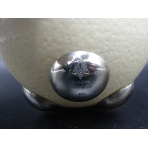 211 - South African Sterling Silver & Ostrich egg Bon Bon dish on ball feet with Tribal Figure handles. Ma... 