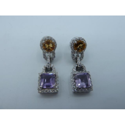 249 - Pair of Silver 925 Citrine and Amethyst stoned earrings in presentation box