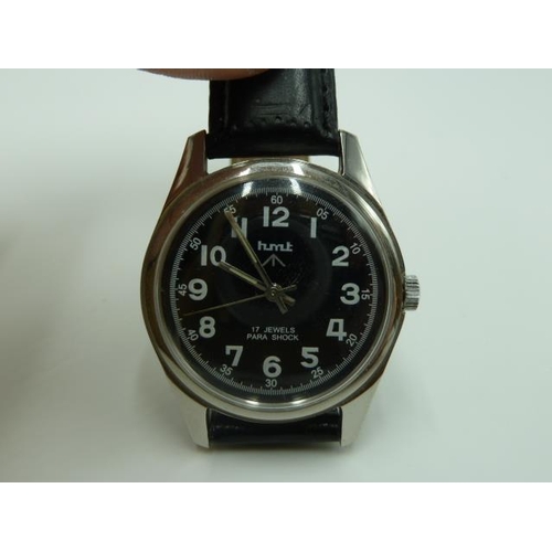 262 - HMT Stainless Steel 17 Jewel Military Watch with Leather Strap (Working)