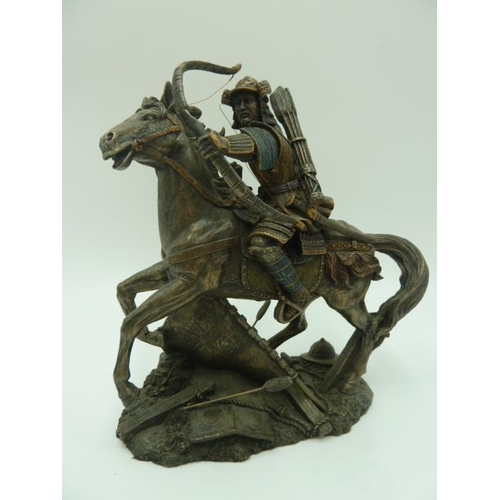 365 - A Ceramic Figure with oriental stamp to base and a resin samurai on horseback approx 8 & 9inches hig... 