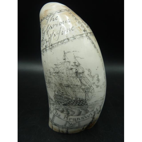 266 - Scrimshaw Whales Tooth Depicting Admiral Howe to One Side and The Brunswick Warship to the Other (5.... 