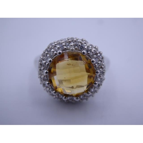 287 - Hallmarked Birmingham Silver 925 Ring with Citrine Coloured Stone Mounted in Diamante Setting (Size ... 