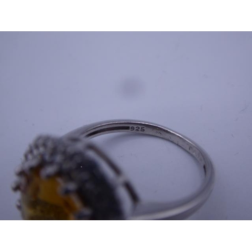 287 - Hallmarked Birmingham Silver 925 Ring with Citrine Coloured Stone Mounted in Diamante Setting (Size ... 