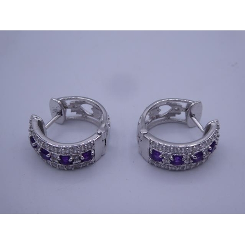 293 - Pair of Silver 925 Amethyst Stoned Hoop Earrings in Presentation Box