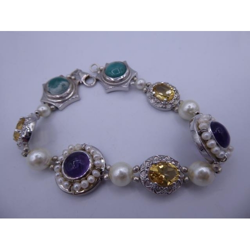 308 - Hallmarked Birmingham Silver 925 Bracelet with Multiple Stone Decoration and Presentation Box