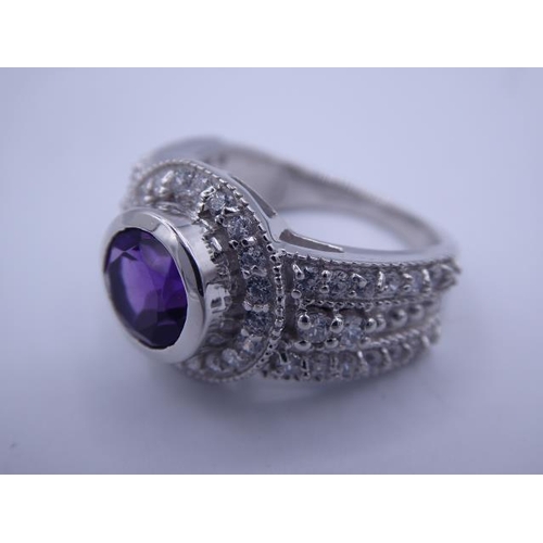 314 - Hallmarked Birmingham Silver 925 Amethyst Stoned Ring set in Diamante Mount (Size M) Complete with P... 