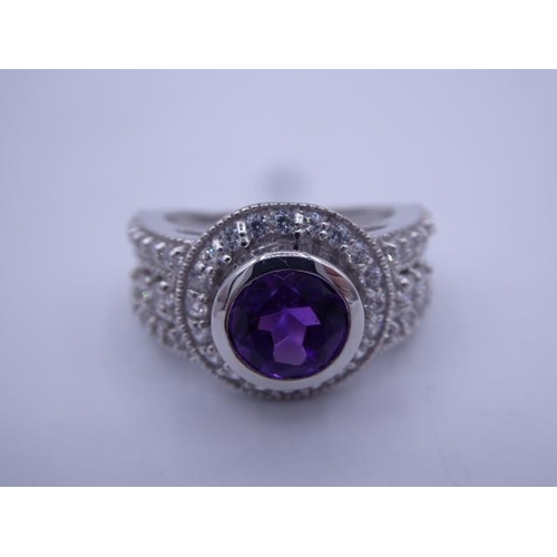 314 - Hallmarked Birmingham Silver 925 Amethyst Stoned Ring set in Diamante Mount (Size M) Complete with P... 