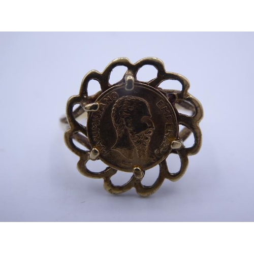 325 - Hallmarked Gold 375 Ring (Size O) with Mounted Emperador Maximiliano Coin in Presentation Box