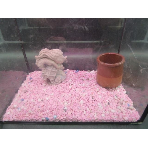 482 - Small Tank with pink gravel and mermaid ornament approx. 11.5