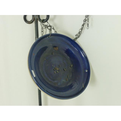 490 - Garden Bird Feeder With Blue Ceramic Hanging Bowl