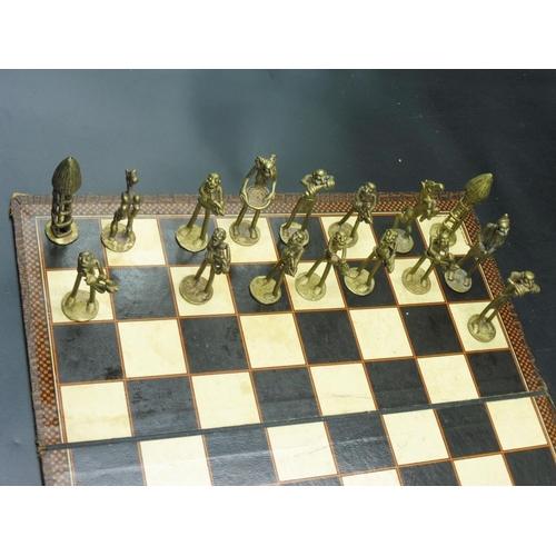 20 - Tribal Metal Chess Set complete with Board (1 Piece Missing)