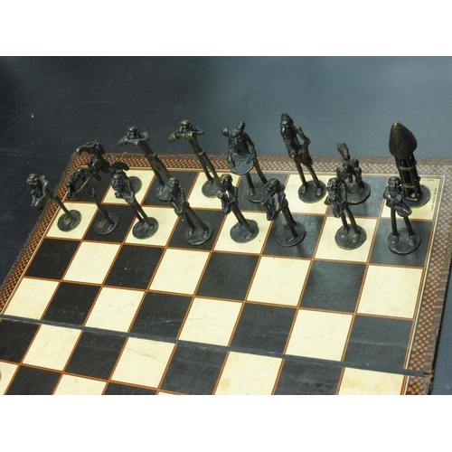 20 - Tribal Metal Chess Set complete with Board (1 Piece Missing)