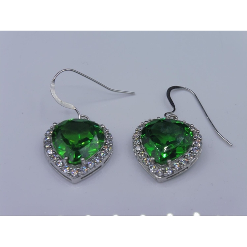 246 - Pair of Silver 925 green and clear stone heart shaped earrings in presentation box