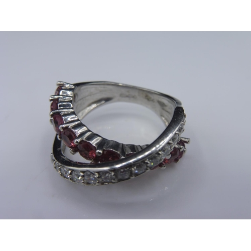 305 - Hallmarked Birmingham Silver 925 Dual band ring with red and clear stones in presentation box (size ... 