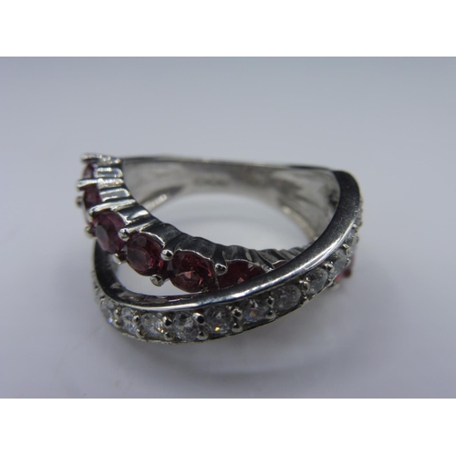 305 - Hallmarked Birmingham Silver 925 Dual band ring with red and clear stones in presentation box (size ... 