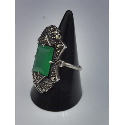 340 - Vintage Silver 925 Marcasite Ring with Large Green Stone Decoration in Presentation Box (Size O)