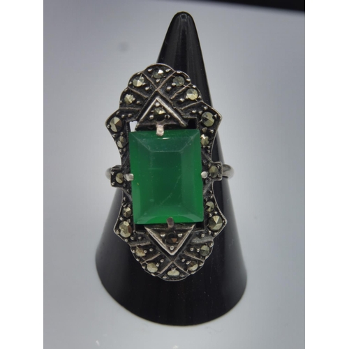 340 - Vintage Silver 925 Marcasite Ring with Large Green Stone Decoration in Presentation Box (Size O)