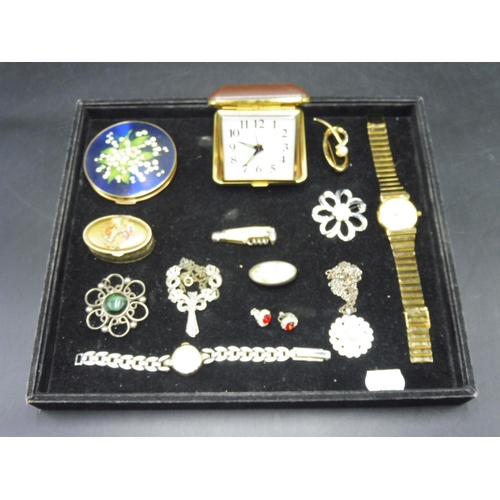 391 - Collectors Tray including Stratton Compact, Pen knife, Watches, and Earring's